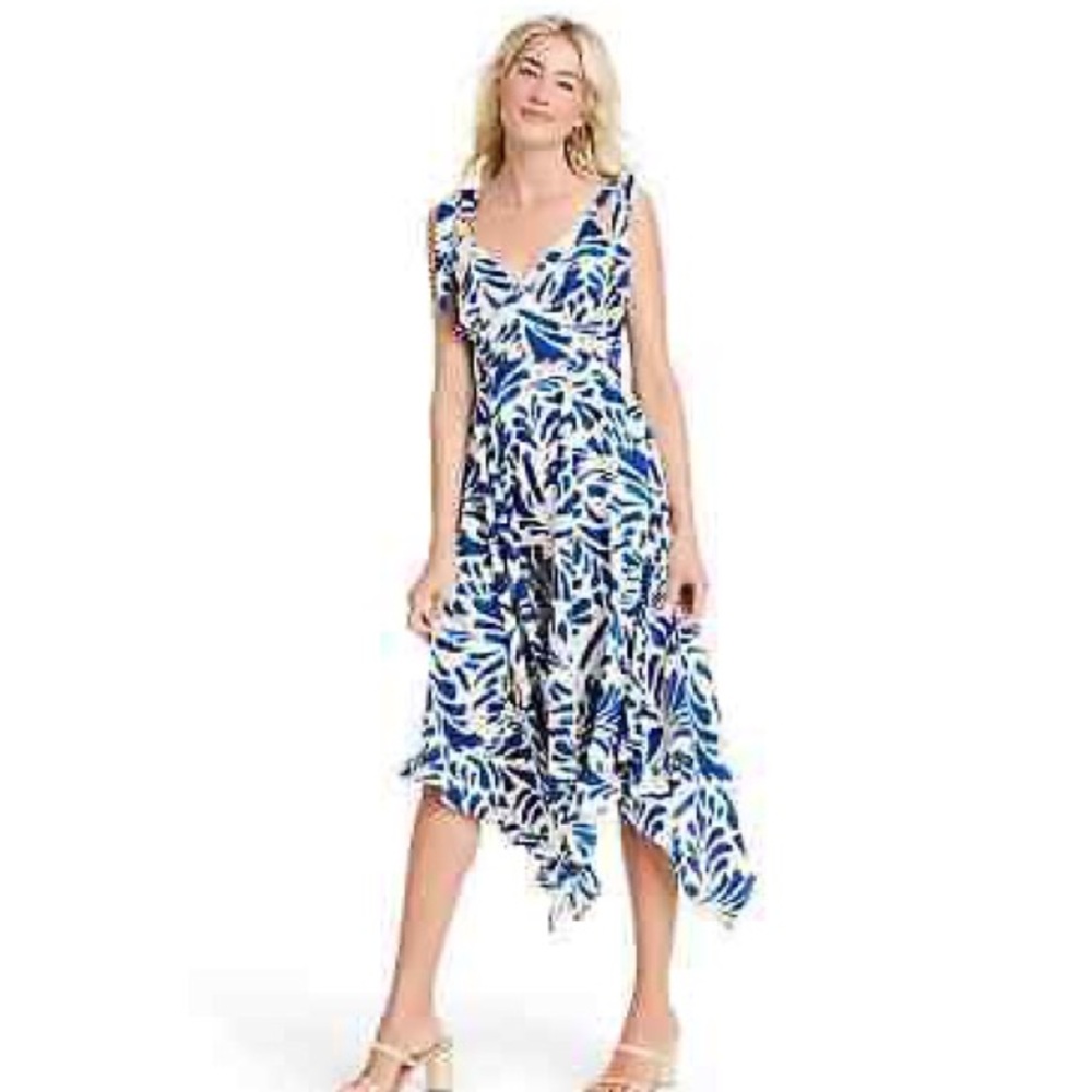 ALEXIS for Target Blue Botanical Tie Strap Asymmetrical Dress